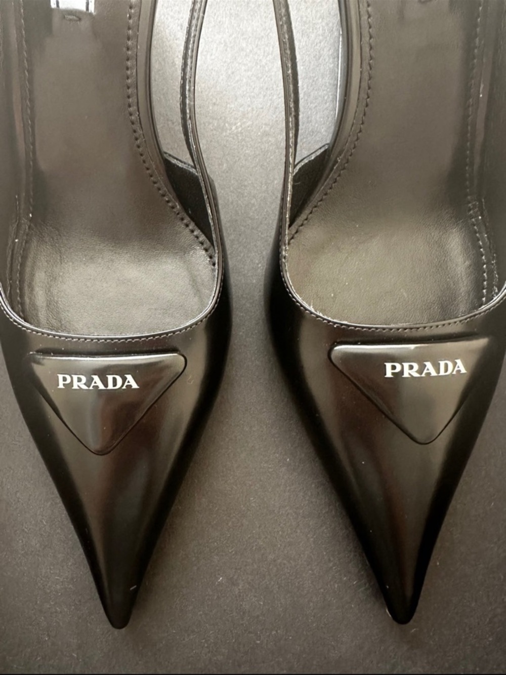 Prada Black Pointed Patent Slingback Pumps with Logo Plaque - Picture 2 of 4